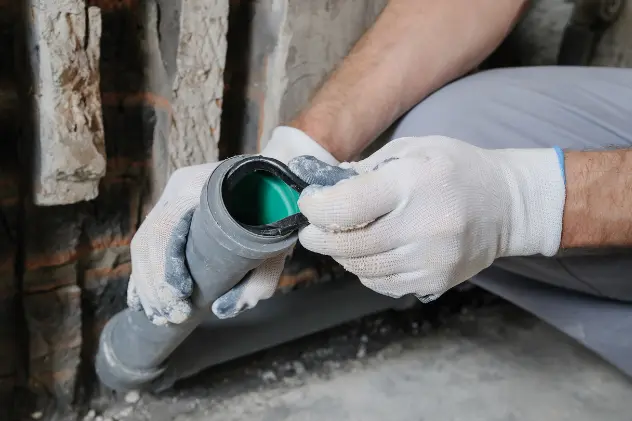 Plumber installing a pipe with professional tools for home repairs.