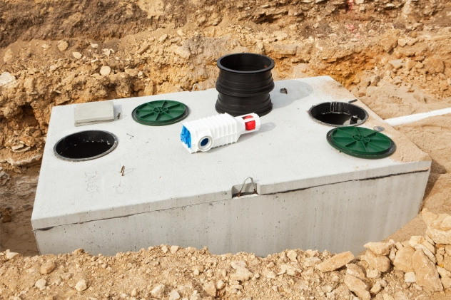 Newly installed septic tank system with pipes and connections.